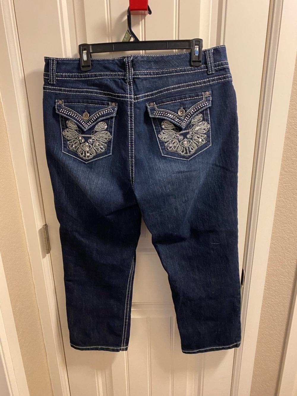 Nine West Jeans 32 14 Capri Length Dark Blue Date Night Fit Stretch Denim Bling - Picture 4 of 6
